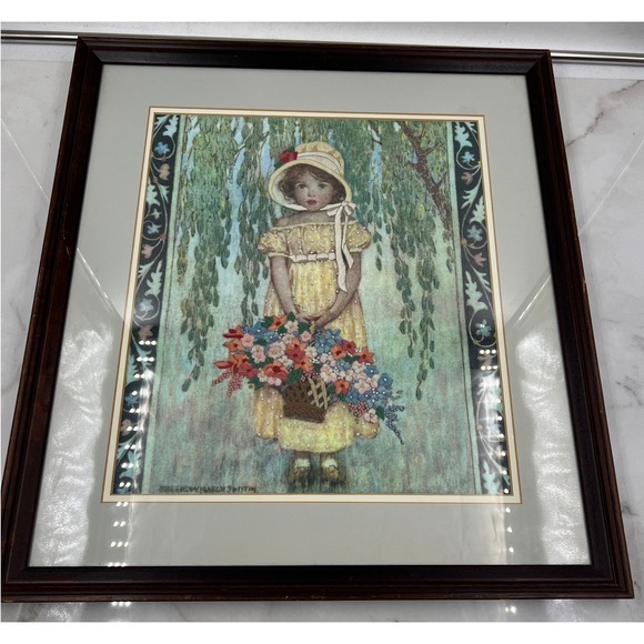 VTG Jessie Willcox Smith Framed Needlepoint Print Framed Girl Flowers Sun Hat